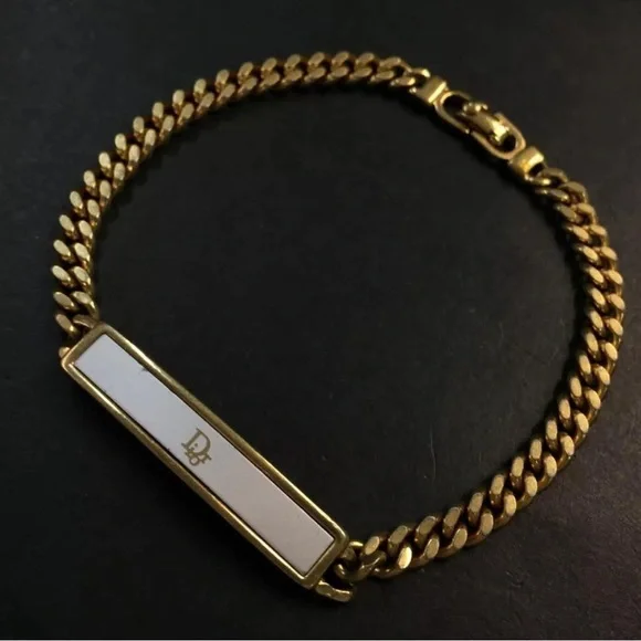 Dior Gold Curb Chain Bracelet W Logo Plaque White Accent - Picture 8 of 15